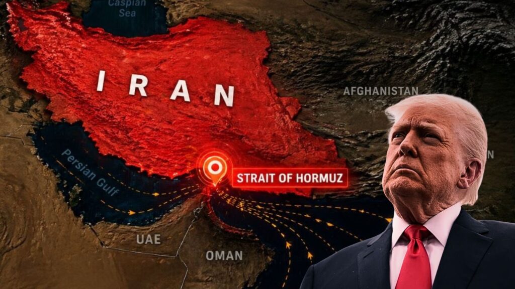Map of Iran showing Strait of Hormuz with Trump in the foreground.