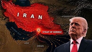 Map of Iran showing Strait of Hormuz with Trump in the foreground.