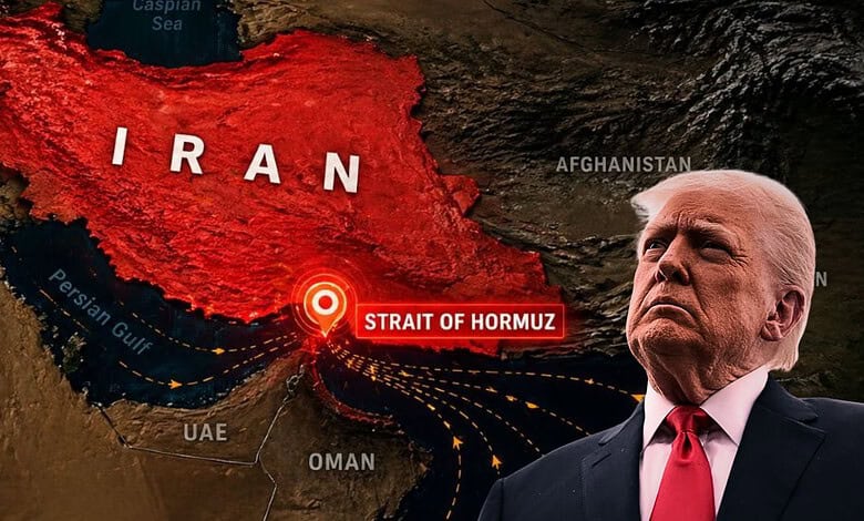 Map of Iran showing Strait of Hormuz with Trump in the foreground.