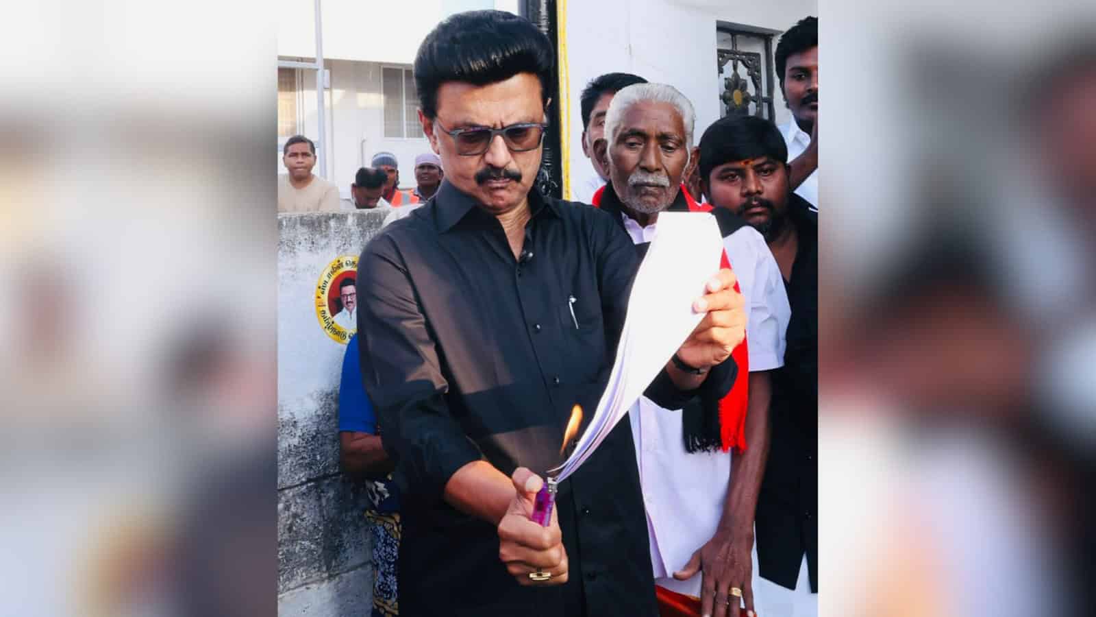 Tamil Nadu Chief Minister MK Stalin burns a copy of the proposed Delimitation bill during a protest, in Namakkal, Tamil Nadu, on Thursday, April 16.
