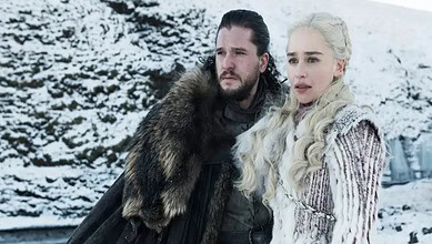 Image from Game of Thrones featuring Daenerys Targaryen and Jon Snow in a snowy landscape.