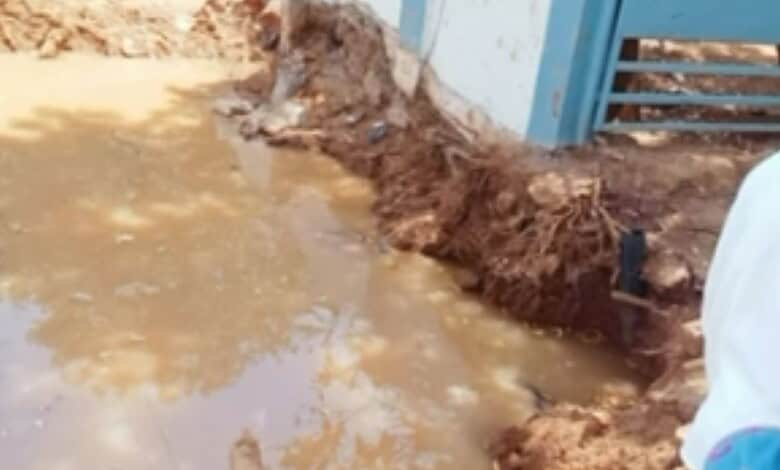 The image shows the pit that was dug by Mission Bhagiratha officials to repair a pipeline in Alimpur village of Jangaon district, which became the death trap for a five-year-old girl who drowned in it and died on Thursday, April 30, 2026.