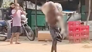 Man holding a skeleton in an outdoor market area with onlookers and crates.