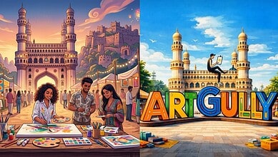 Artistic scene at Art Gully in Hyderabad with children painting near historic architecture.