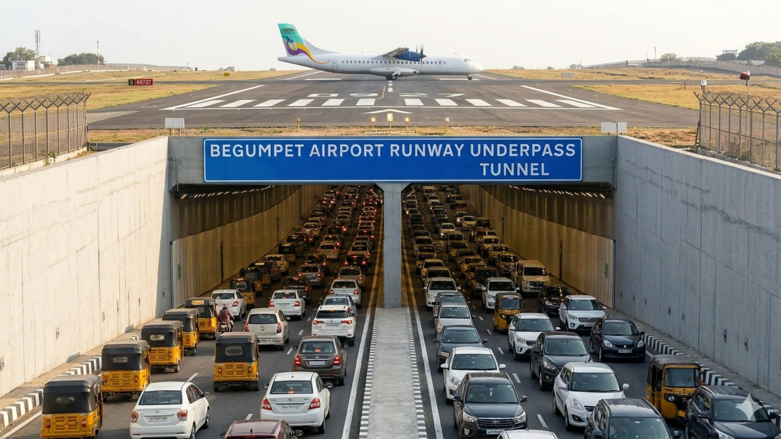 Underpass tunnel beneath Begumpet Airport runway in Hyderabad