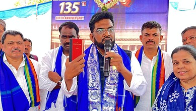 The image shows Hyderabad DCC President Syed Khalid Saifullah addressing the Ambedkar Jayanthi celebrations held in Hyderabad's Old City on Tuesday, April 14, 2026.