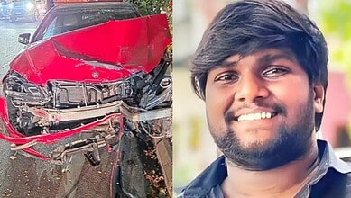 Accident scene showing a damaged red car after hitting a man on Durgam Cheruvu cable bridge, driver fleei.