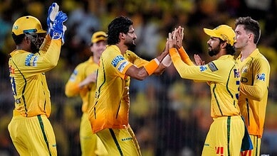 Chennai Super Kings' captain Ruturaj Gaikwad with teammates celebrates after taking a catch of Kolkata Knight Riders' captain Ajinkya Rahane during the IPL match between Chennai Super Kings and Kolkata Knight Riders, at MA Chidambaram Stadium in Chennai, Tamil Nadu, on Tuesday, April 14.
