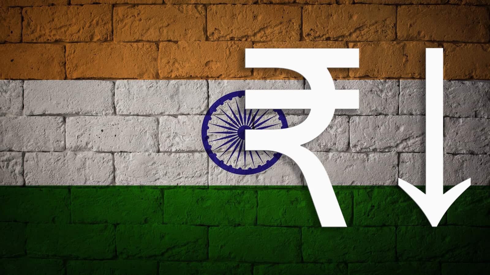 Illustration of Indian Rupee symbol with downward arrow on Indian flag background.