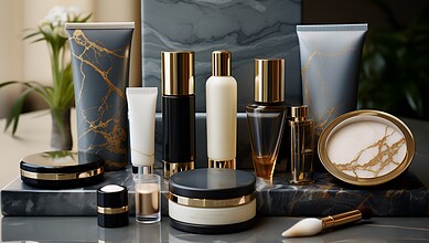 Beauty and personal care products displayed on a marble surface.