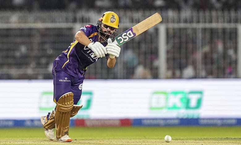 Rinku Singh in action during a cricket match for Kolkata Knight Riders, showcasing his batting skills.