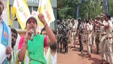 Protest by Kavitha against land acquisition in Vikarabad, with police in attendance, during her custody.