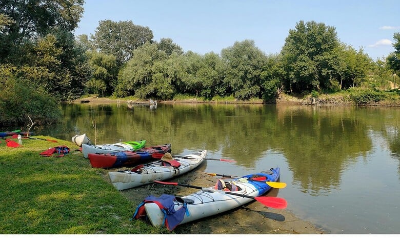 Kayaking and canoeing kayaks with paddles on the riverbank, ready for water sports in Hyderabad.