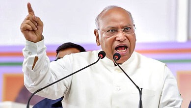 Kharge speaking passionately at a rally, emphasizing the need to protect constitutional rights secured by.