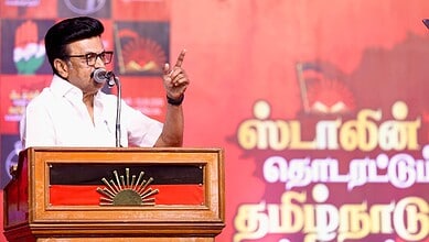 Stalin speaking at a rally, warning of large protests in Tamil Nadu over delimitation concerns.