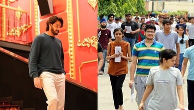 Group of students exiting exam centre in Hyderabad, heading to Mahesh Babu event, after college exams.