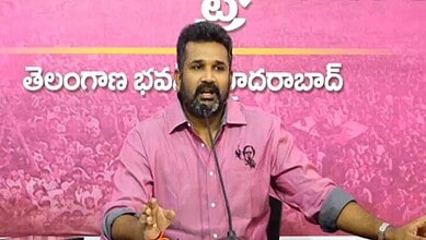 Hyderabad politician speaking at a press conference about social media issues involving BRS and Congress.