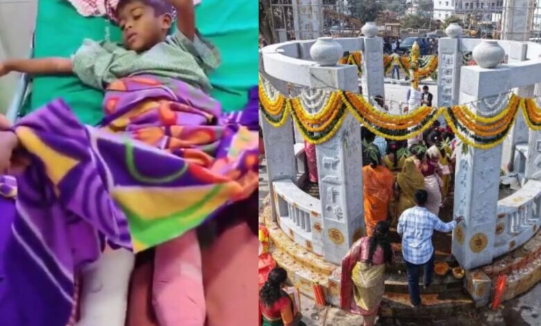 The image shows Medaram priest's son Yuvan at a private hospital in Hanamkonda, where his right leg was amputated after the temple mishap on March 25, 2026.