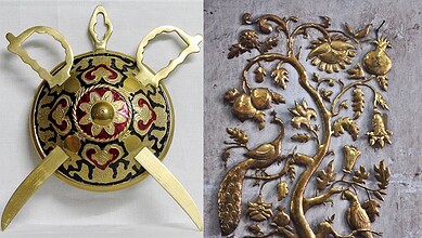 Intricate brass artifacts featuring floral and bird motifs, showcasing traditional craftsmanship and arti.
