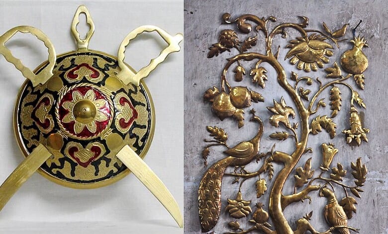 Intricate brass artifacts featuring floral and bird motifs, showcasing traditional craftsmanship and arti.