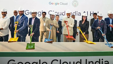 Andhra CM Naidu and officials at the foundation stone event for Google’s USD 15 billion data centre near.