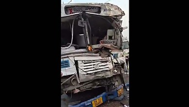 A wrecked bus after an accident in Karimnagar