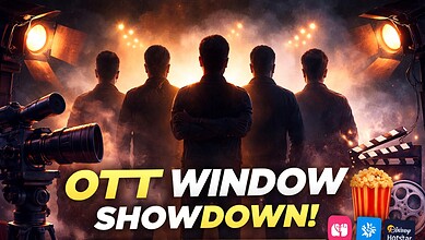 Group of five men on stage with bright lights, discussing OTT impact on South Indian films.