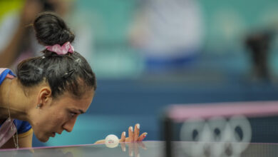 India's Manika Batra serves during the women's singles round of 32 table tennis match against France's Prithika Pavade at the 2024 Summer Olympics, in Paris, Monday, July 29, 2024.