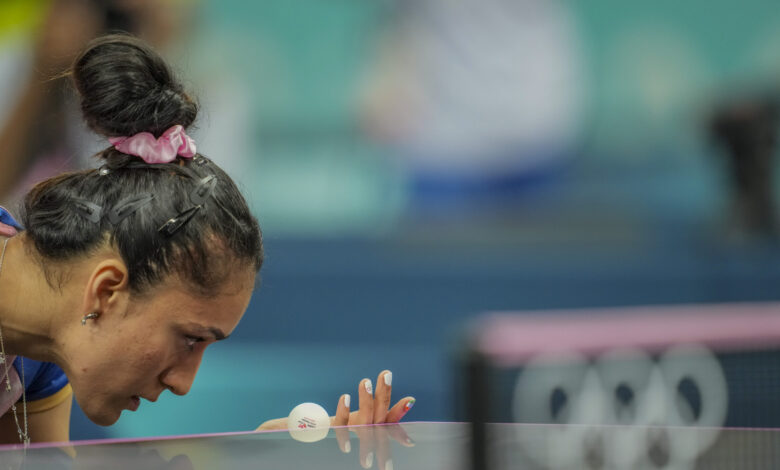 India's Manika Batra serves during the women's singles round of 32 table tennis match against France's Prithika Pavade at the 2024 Summer Olympics, in Paris, Monday, July 29, 2024.