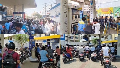 Long queues at Hyderabad petrol pumps amid fuel scarcity and panic buying. Crowds gather as pumps run dry.