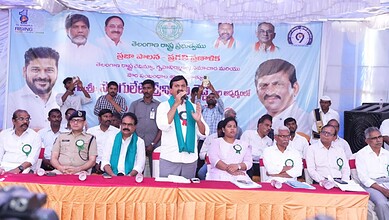Telangana minister Ponguleti Srinivas Reddy speaking at Praja Darbar event in Paleru, Telangana.