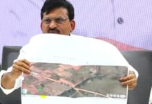 The image shows Revenue Minister Ponguleti Srinivasa Reddy showing google earth images of the road and shed constructions in 373 acres of government land in Nadergul village between 2021 and 2022.