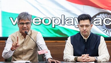 Raghav Chadha speaking at a press conference with a BJP flag in the background.