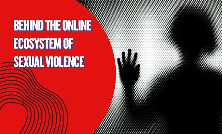 Silhouetted figure with raised hand against a digital background highlighting online sexual violence netw.