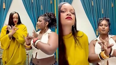 Nejm, the secret Bharatanatyam guru, teaching dance to Rihanna in a colourful studio.