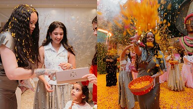 Diverse women participating in a cultural celebration with traditional attire and vibrant decorations.
