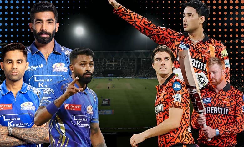 Mumbai Indians and Sunrisers Hyderabad players on the field during a tense cricket match.