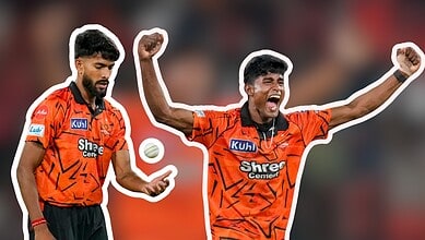 SRH cricket player celebrating on the field after a successful match.