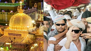 People surrounding SRK during chaotic Ajmer Dargah visit.