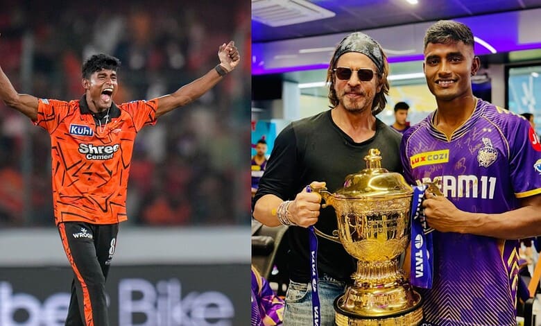 Cricket player celebrating with arms raised after a match win, wearing an orange jersey.