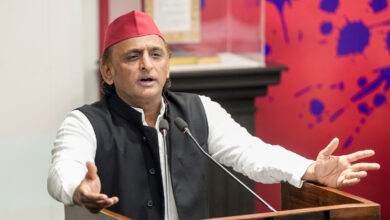 Samajwadi Party (SP) MP Akhilesh Yadav addresses a press conference, at party office in Lucknow, Uttar Pradesh, Sunday, April 19