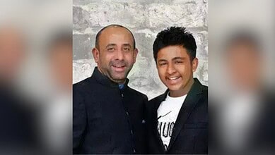 Image of Raheel Aamir, son of BRS ex-MLA, smiling with a man, after surrendering in Jubilee Hills hit-and.