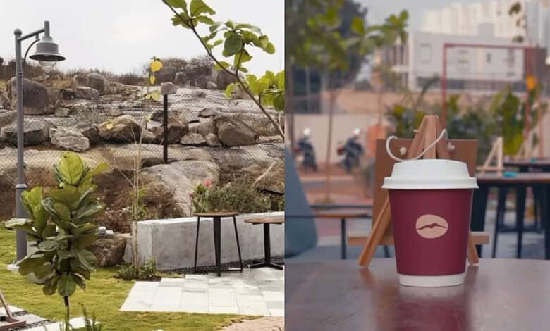 A cozy hilltop cafe at Gandipet with outdoor seating, surrounded by rocks and greenery, perfect for relax.
