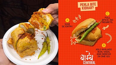 Close-up of a traditional vada pav served with green chilli, highlighting Hyderabad's authentic street fo.