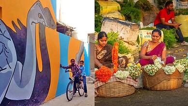 Colourful mural and women selling flowers at a local market in Hyderabad.