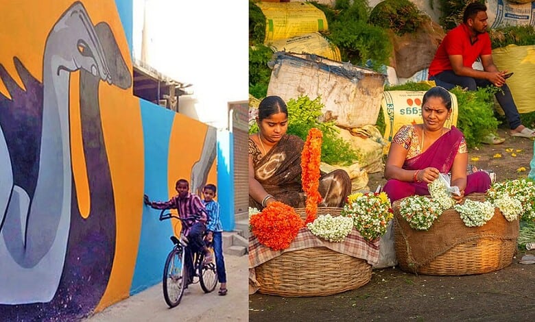 Colourful mural and women selling flowers at a local market in Hyderabad.