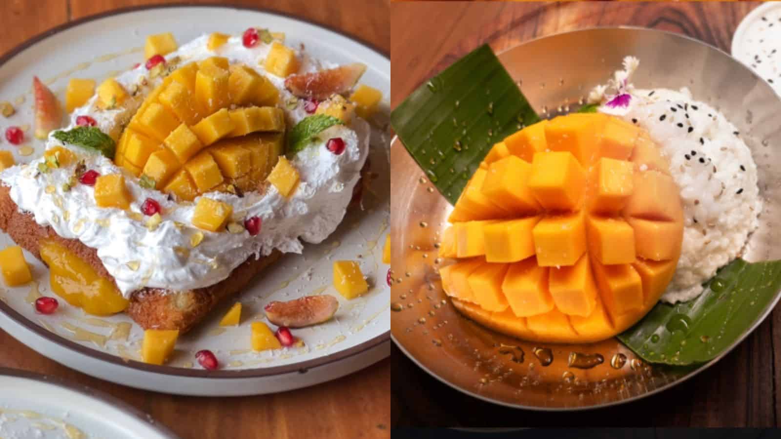 Delicious mango desserts served on plates, featuring fresh mango chunks and creamy toppings, perfect for.