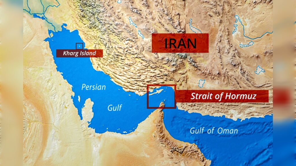 Map showing Iran and the Strait of Hormuz connecting Persian Gulf and Gulf of Oman.