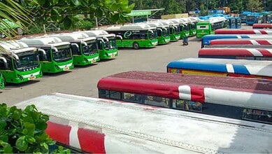 Telangana TGSRTC buses parked at depot ahead of staff grievance talks.