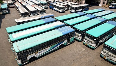 Buses parked at TGSRTC Secunderabad depot for recruitment of conductors and drivers.